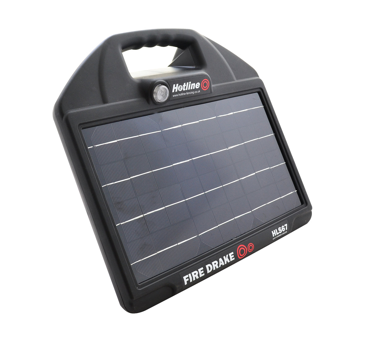 A black Hotline Fire Drake 67 solar energiser with a built-in solar panel on the top