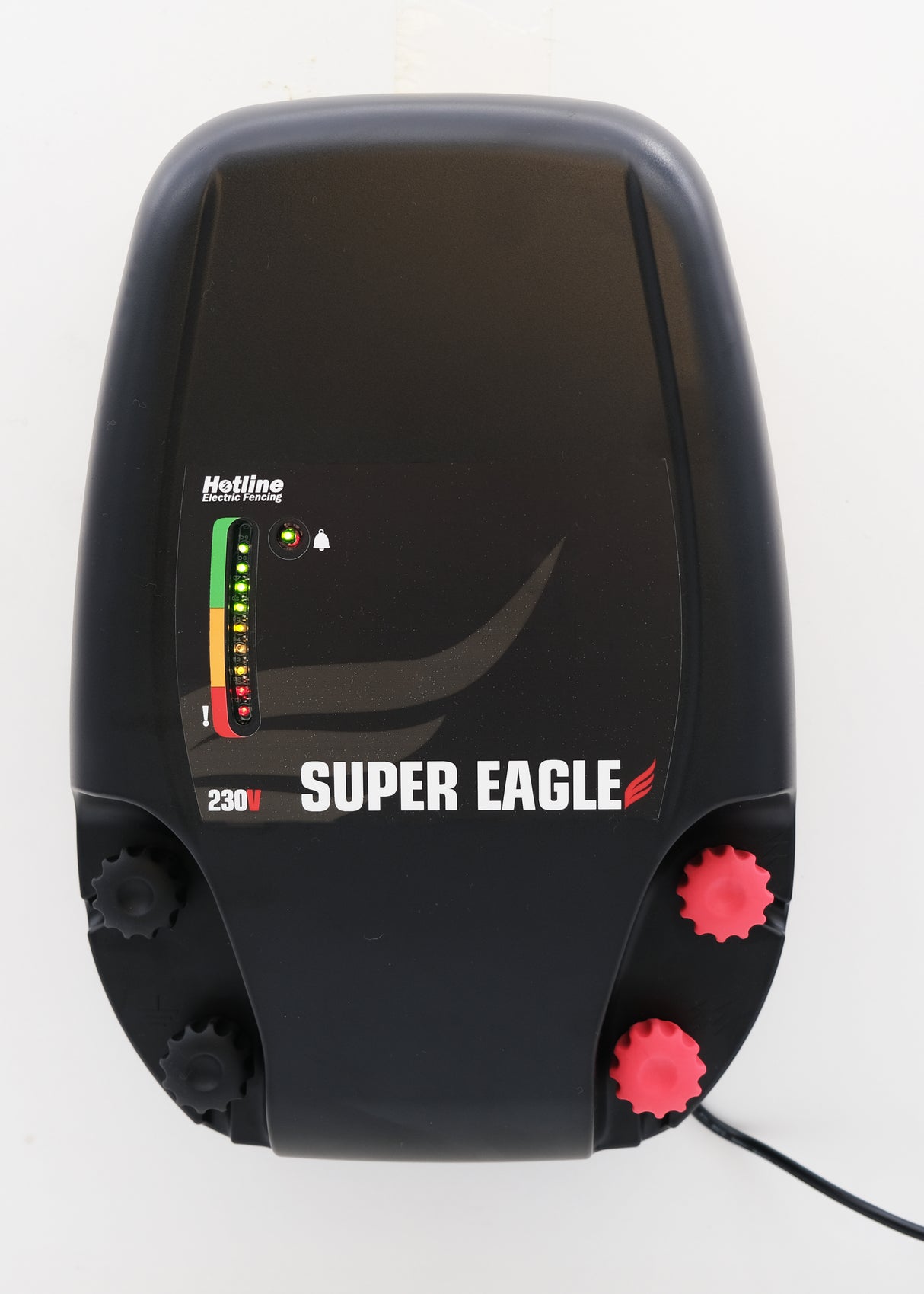 A black Hotline Super Eagle mains powered electric fence energizer with battery backup, featuring an LED fence performance monitor