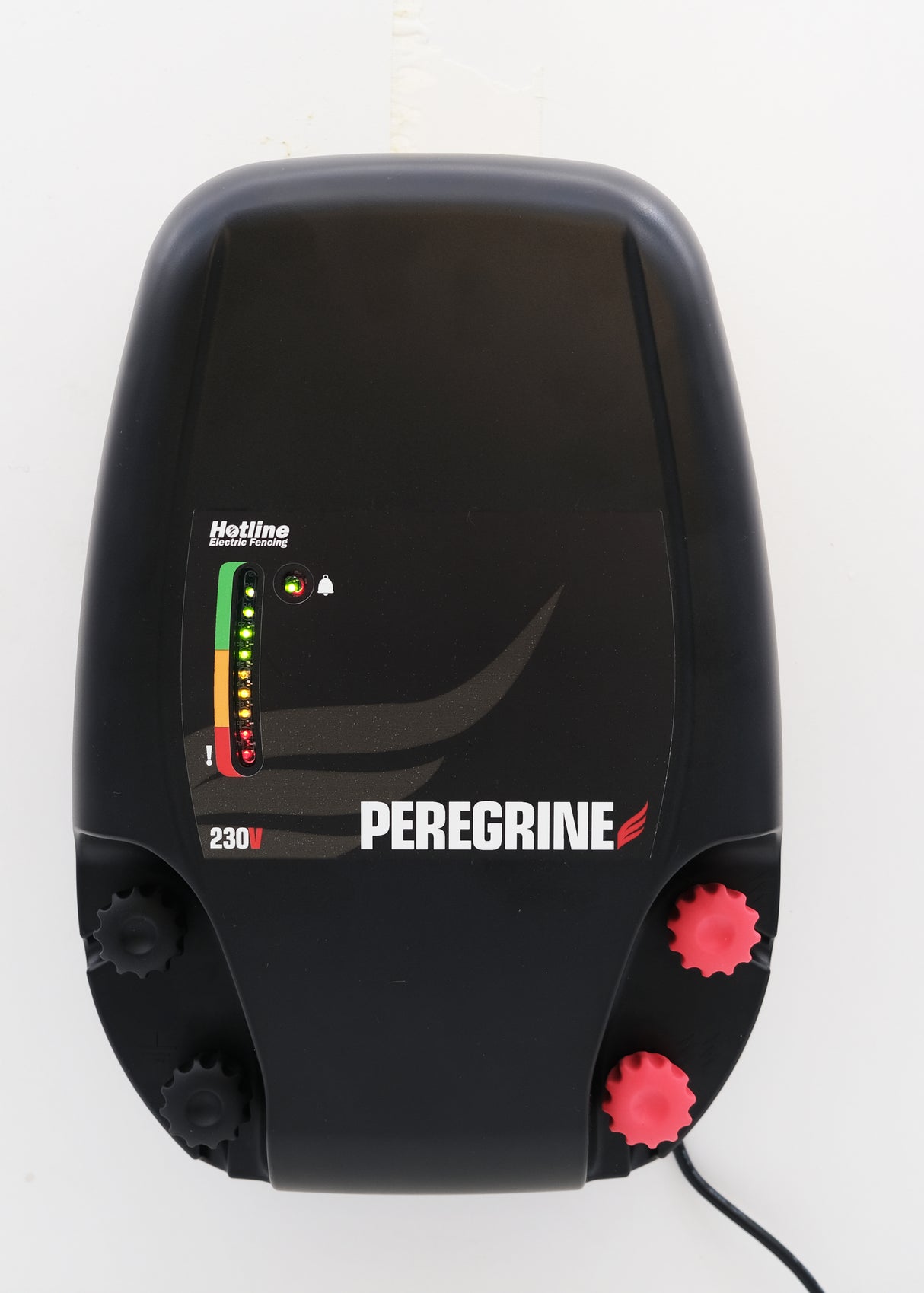A black Hotline Peregrine dual output mains energiser with battery back up, featuring an LED fence performance monitor and red detailing.