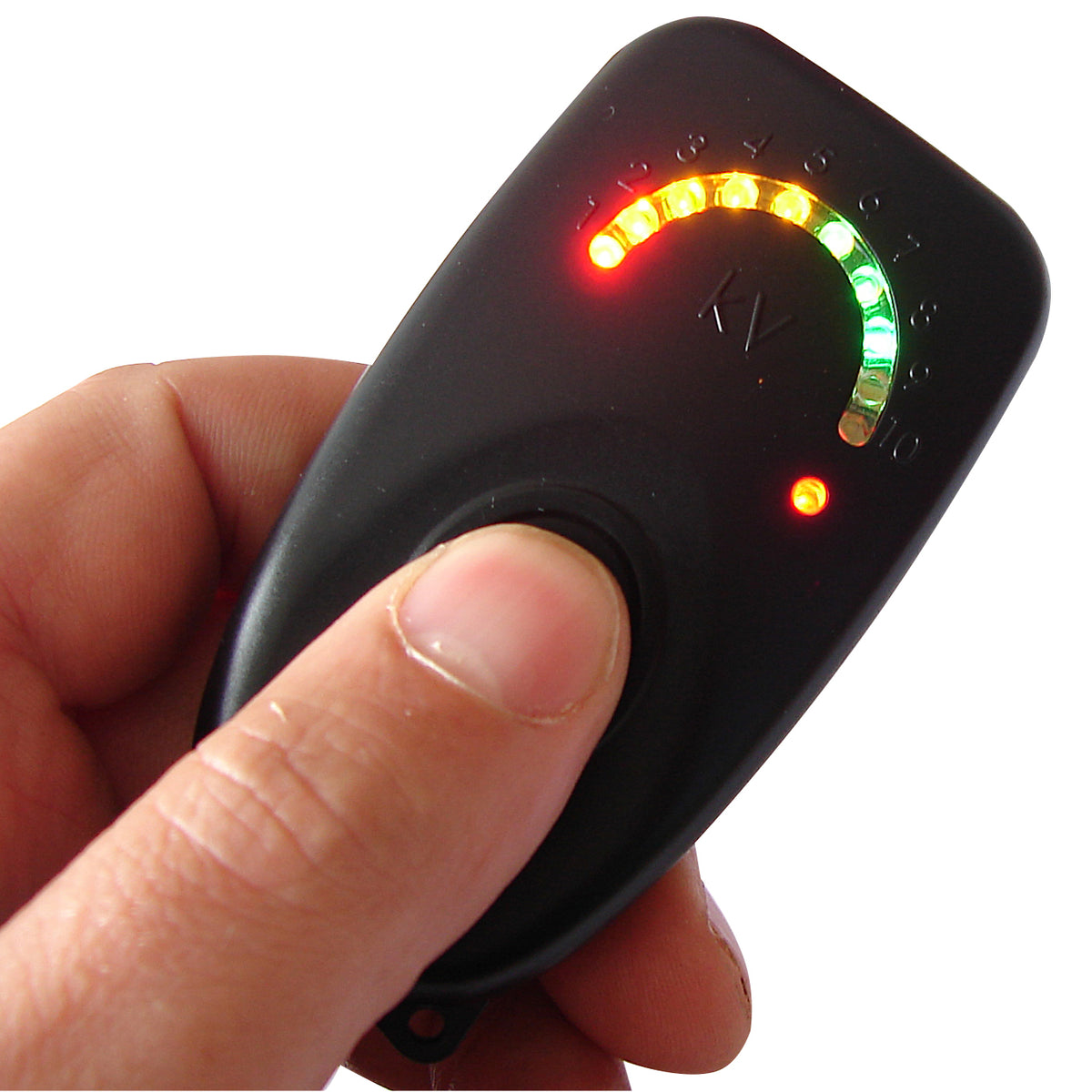 A black Hotline KV fence tester with an LED indicator displaying different voltage levels.