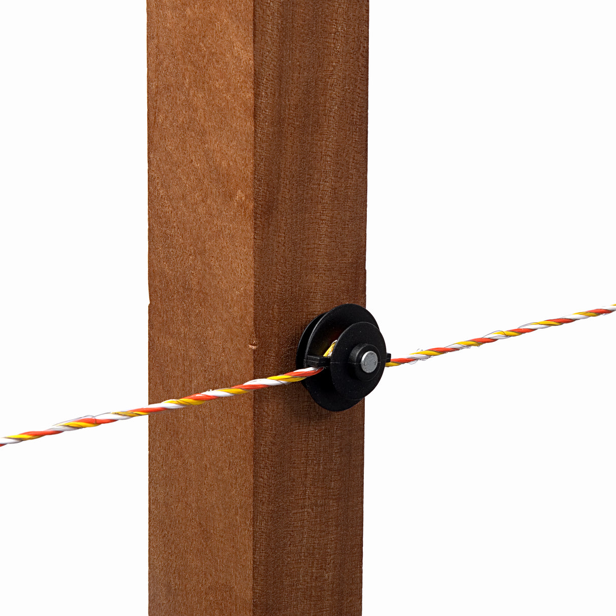 A close-up of the Hotline Nail on Bobbin Insulator attached to a wooden post, with a multicolored fence wire attached to it.