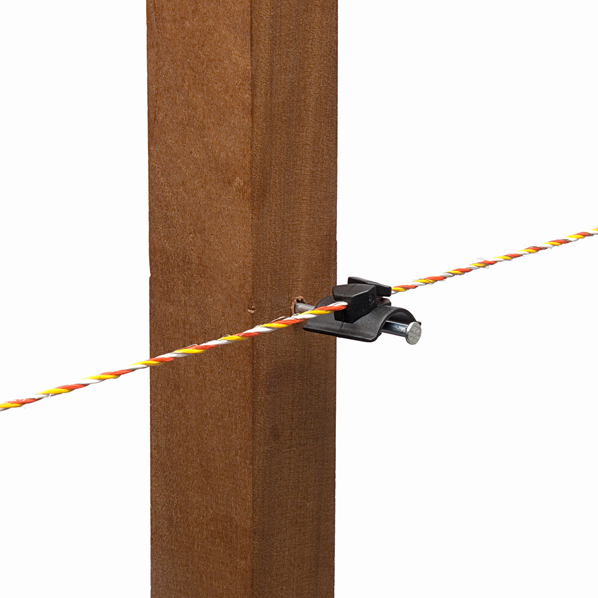 An image showing a Hotline nail on saddle insulator mounted on a wooden post with a yellow and black insulated wire passing through it.