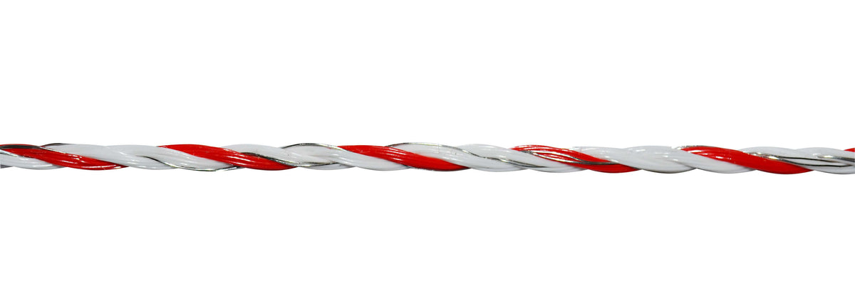 Red and white striped hotline electric fence wire
