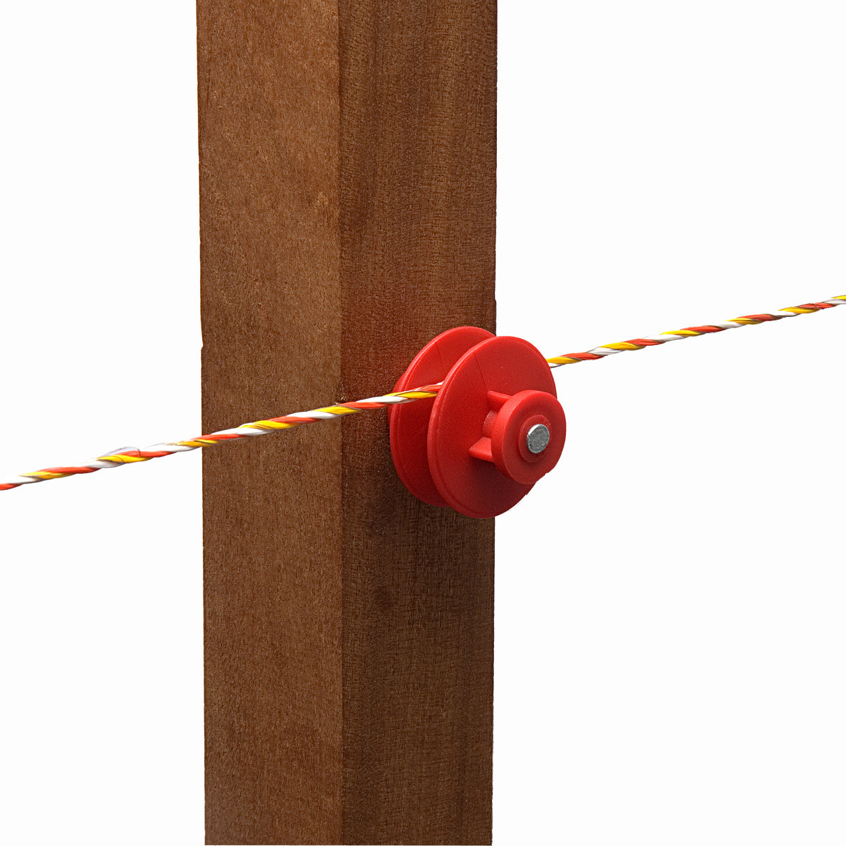 A red nail on bobbin insulator with a large flange attached to a wooden fence post, maintaining a yellow and black electric fence wire.