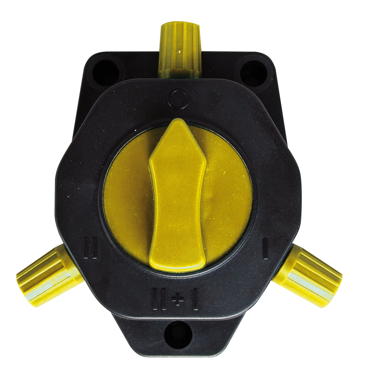 A black and yellow fence cut out switch with dual outputs, designed for safe outdoor fence control.
