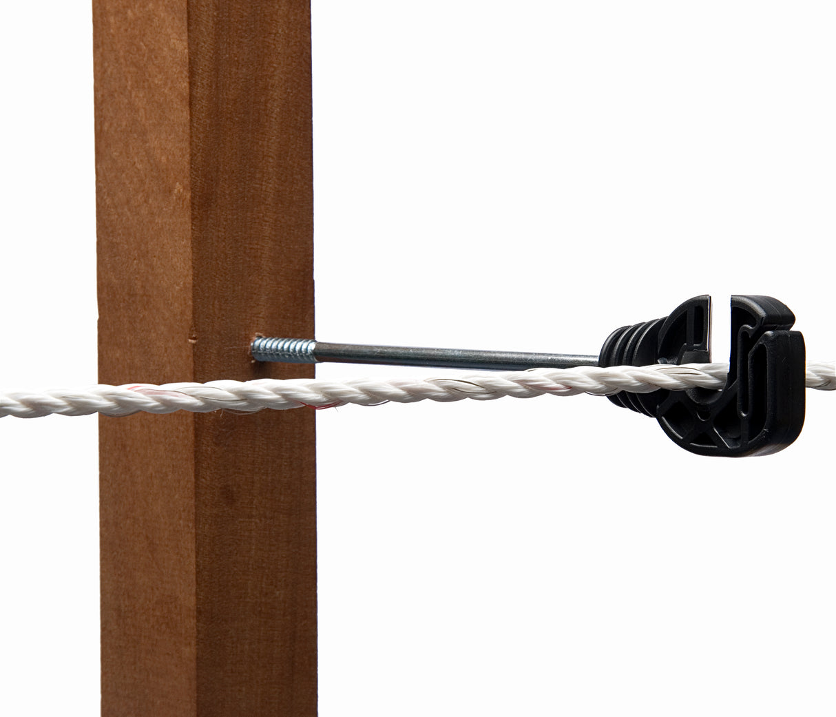 A screw-in ring insulator attached to a wooden post, designed to hold wire or rope fencing.