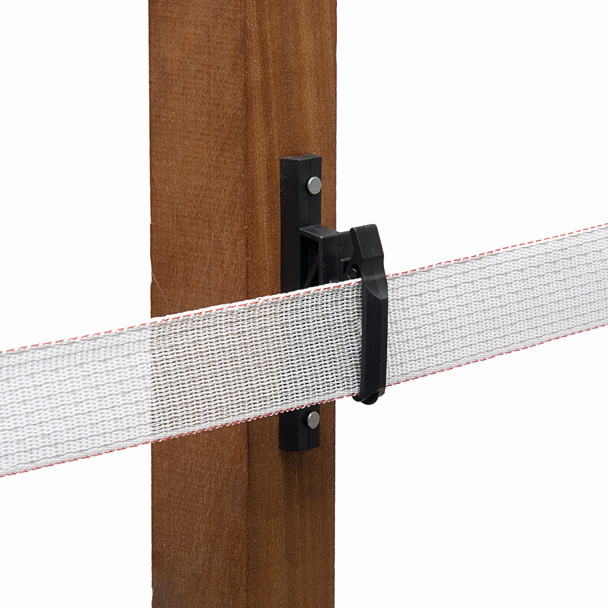 Close-up view of a Hotline black screw-in ring insulator attached to a wooden post, designed for use with electric fence tape or rope.