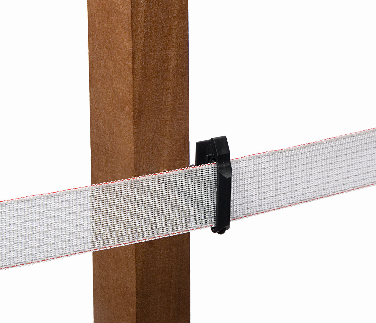 A close-up image of a Hotline black screw-in tape insulator attached to a wooden fence post, designed to maintain the position of an electric fence tape.