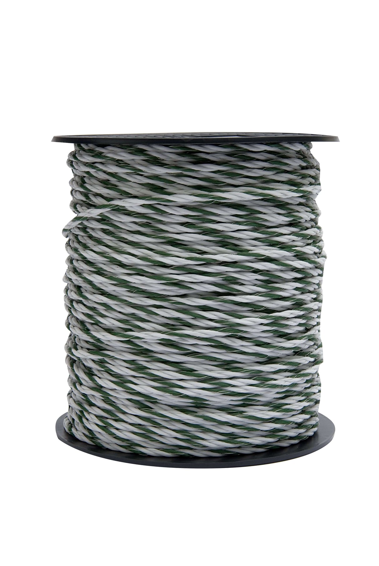 Spool of green and gray electric fence rope