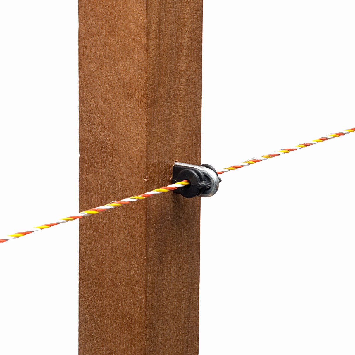 A close-up image of a staple insulator attached to a wooden post, with a striped electric fence wire attached to it.