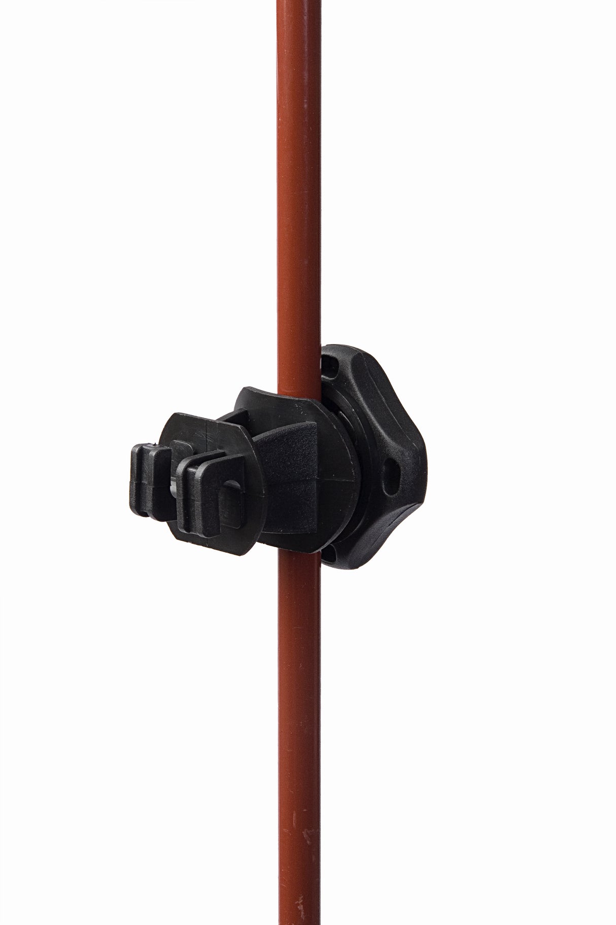 Adjustable plastic insulator mounted on a metal post designed to support rope or wire in electric fencing systems.