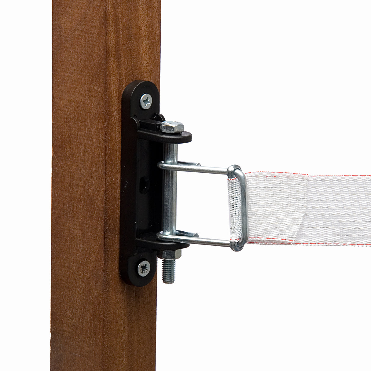 A black hotline insulator with a tensioning buckle, designed to fasten and tighten tape at end posts, screwed into a wooden post.