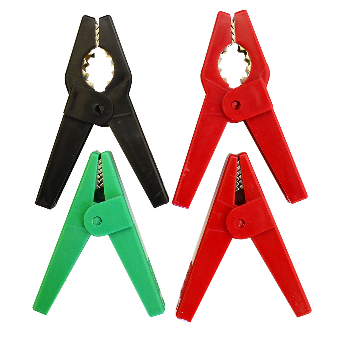 A set of four crocodile clips in red, green, and black colors, typically used for electrical fencing.