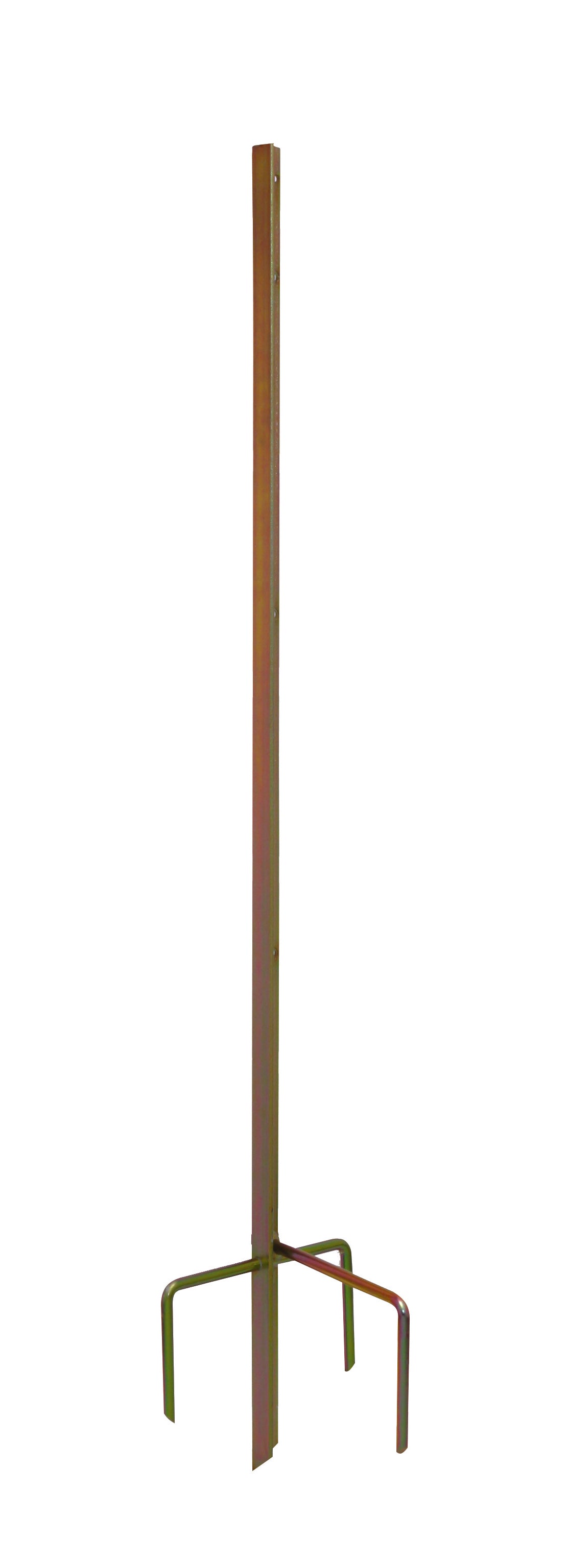 A heavy duty metal electric fence reel fixing post with a triple pronged base and a vertical pole.