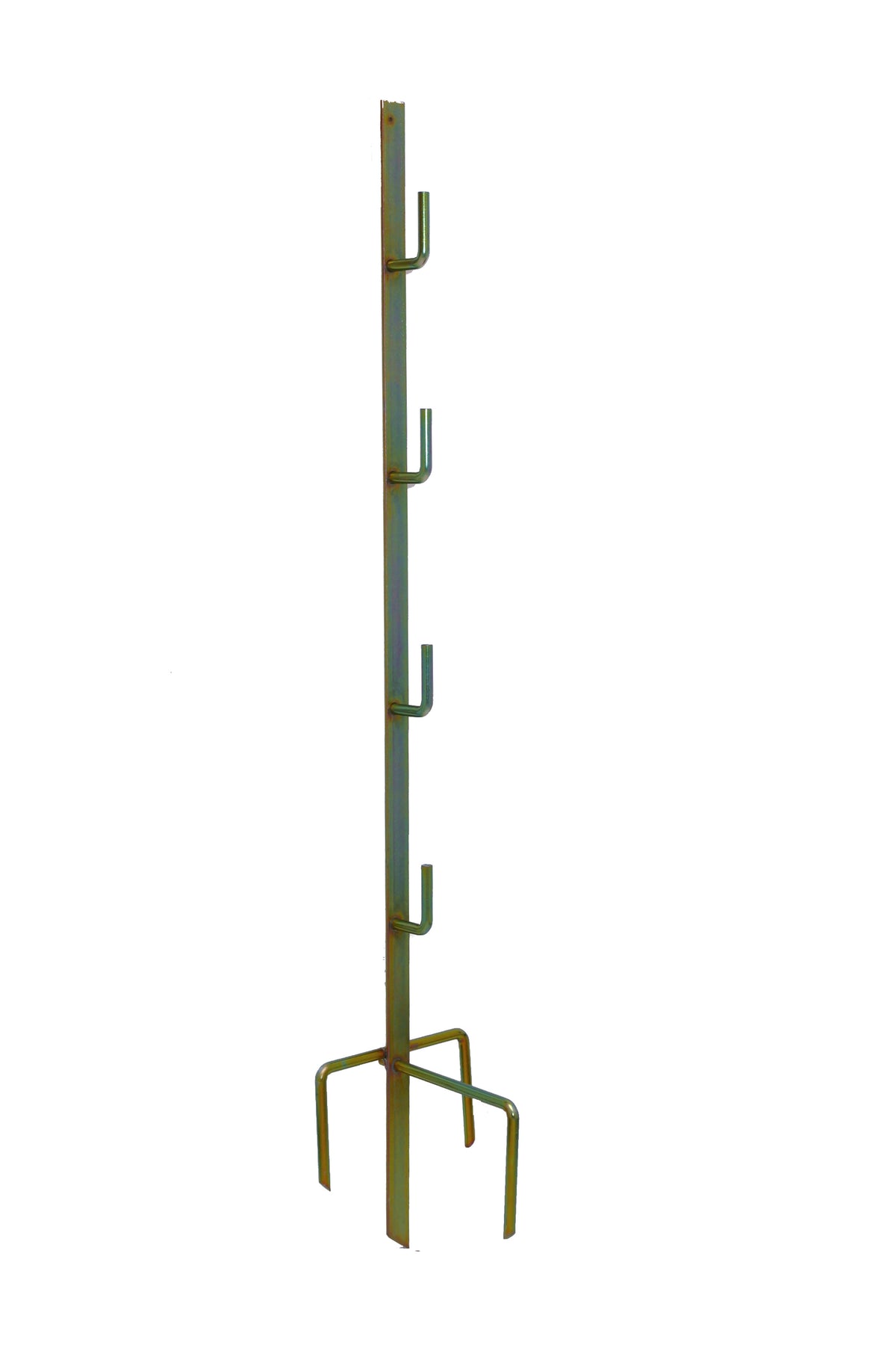 A heavy duty metal electric fence end and corner post with a triple pronged base.