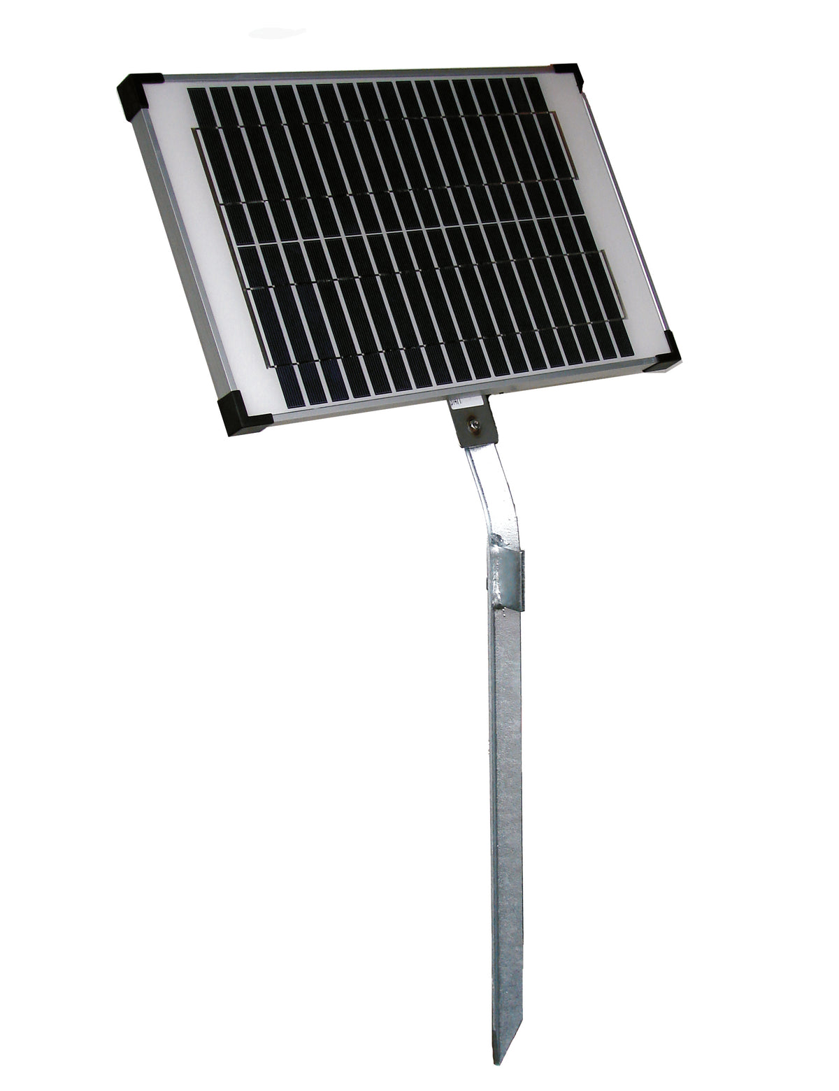 A monocrystalline 20 watt solar assist panel with built-in charge regulator, mounted on a sturdy mounting stake, designed to connect to a 12v battery for extending the period between battery charges.