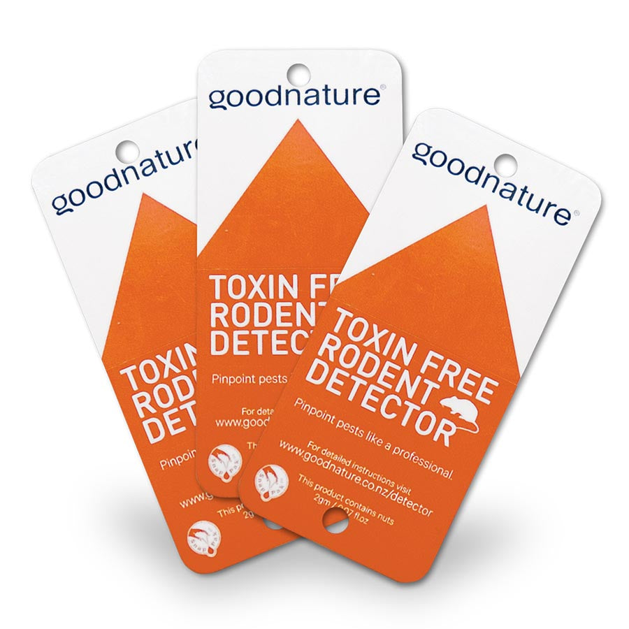 Three orange Goodnature Rodent Detector Kit cards with product information.