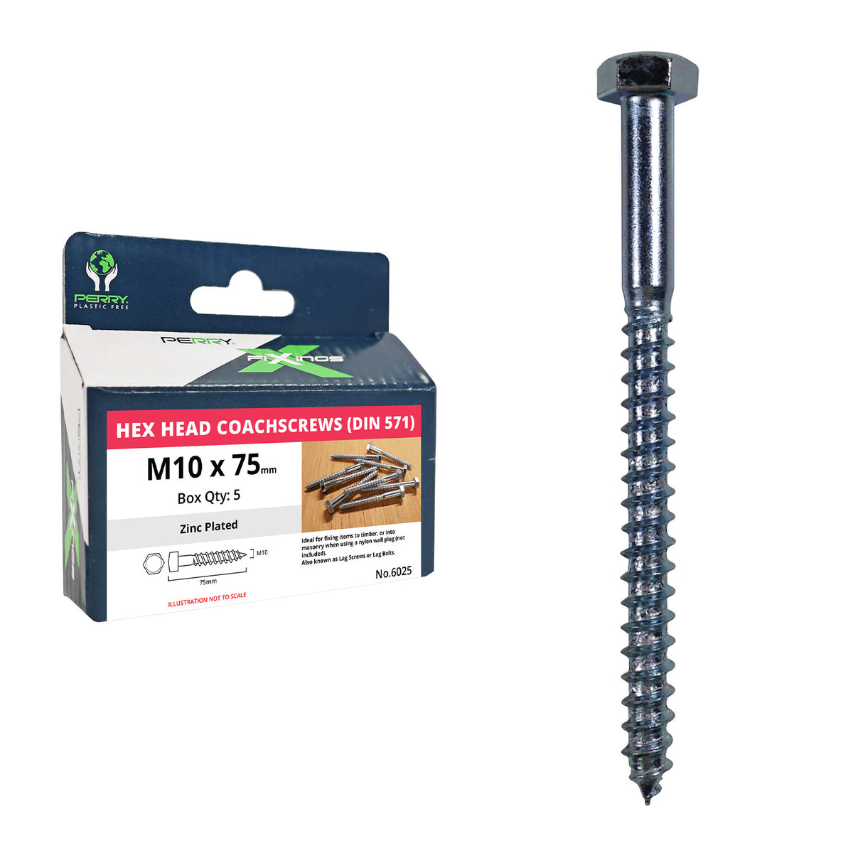 A pack of 5 Coach Screws, Hex Head M10x75, with a zinc plated finish. The product is displayed both in its packaging and as an individual screw outside the package.