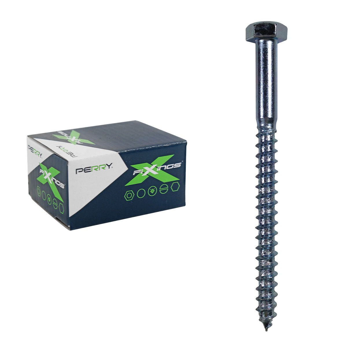 A box of 200 coach screws with hex head, size M8x50, displayed next to its packaging. The screws are designed for fixing items to timber or masonry.