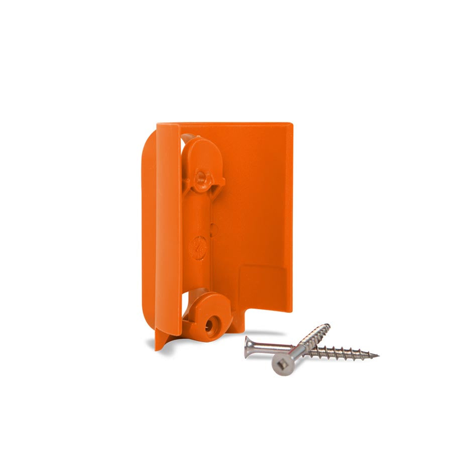 An orange tree mount for Goodnature A24 trap with mounting screws, to attached a squirrel trap to a tree