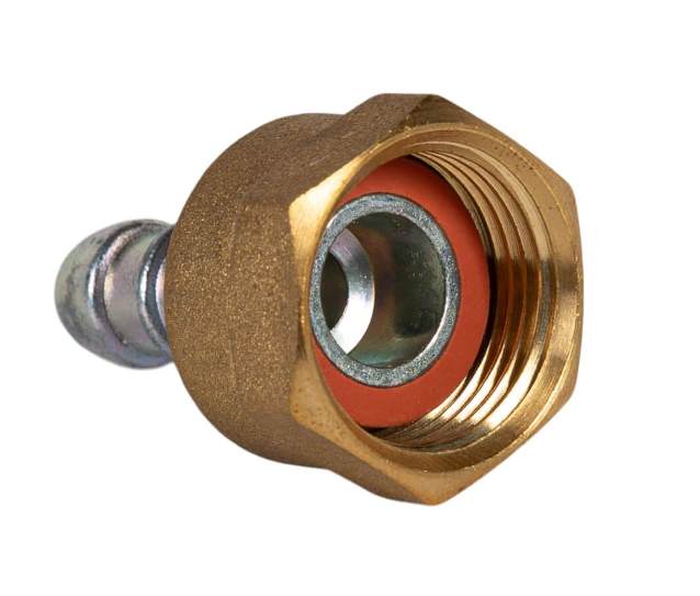 A brass-colored hose tail with a swivel end and 8mm connection point, likely made of brass or a similar metal.