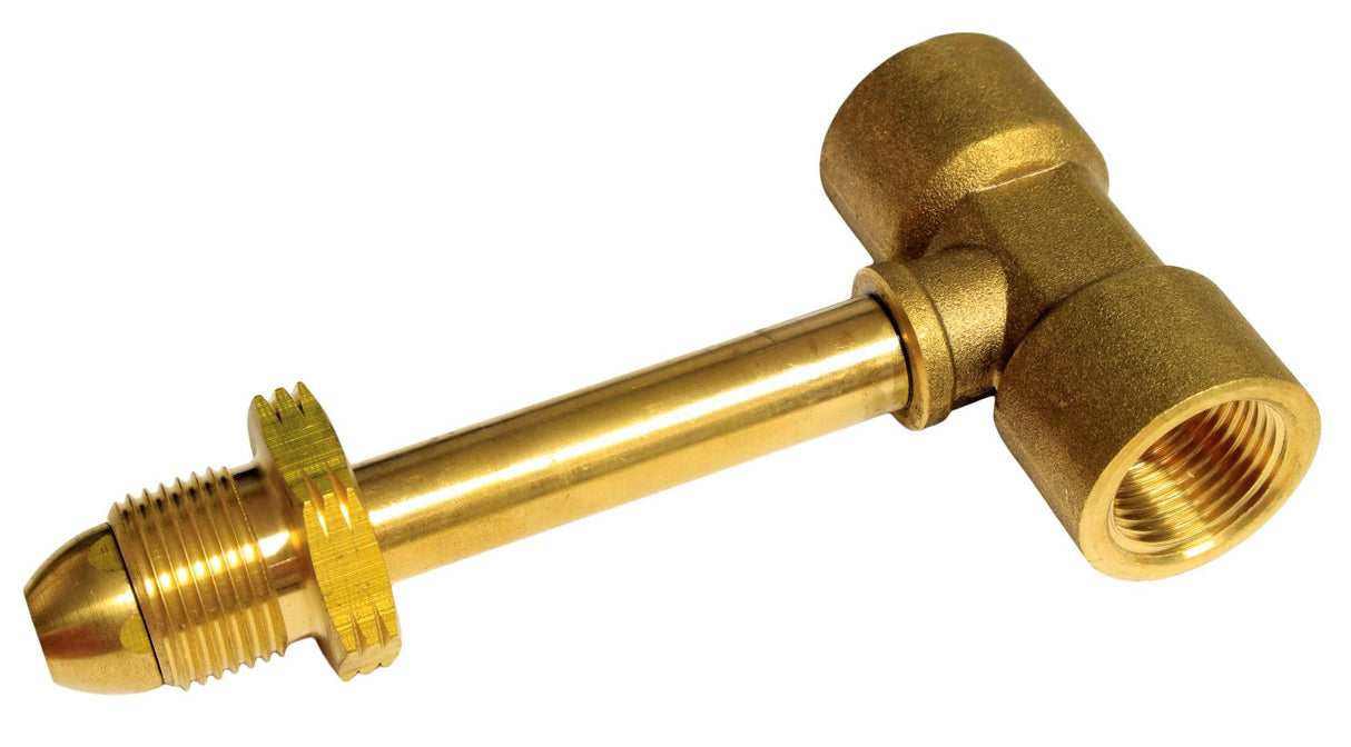 A brass extension tee with a male outlet for gas plumbing.