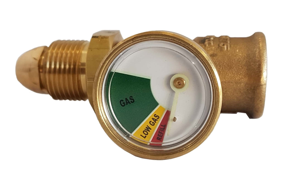 A brass-colored HILO Gauge with a Male POL inlet x Female POL outlet designed to measure gas cylinder pressure.