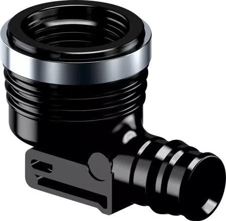 Black and silver plumbing fitting on a white background