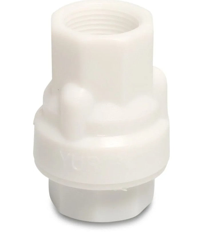 A white plastic non-return valve with a threaded connection, designed for plumbing use.