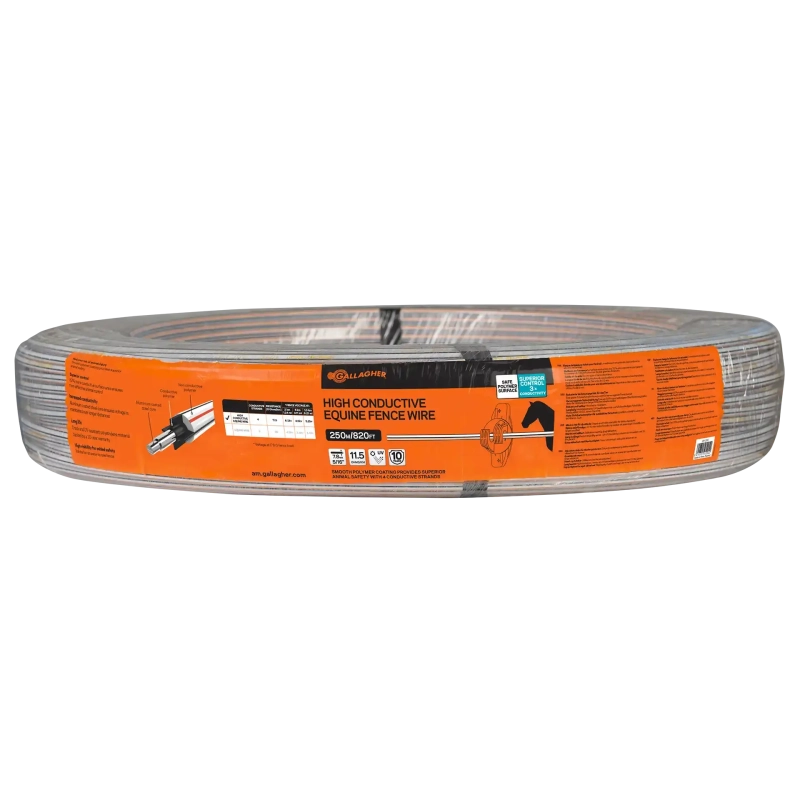 Roll of high-conductive equine fence wire with an orange label on a white background