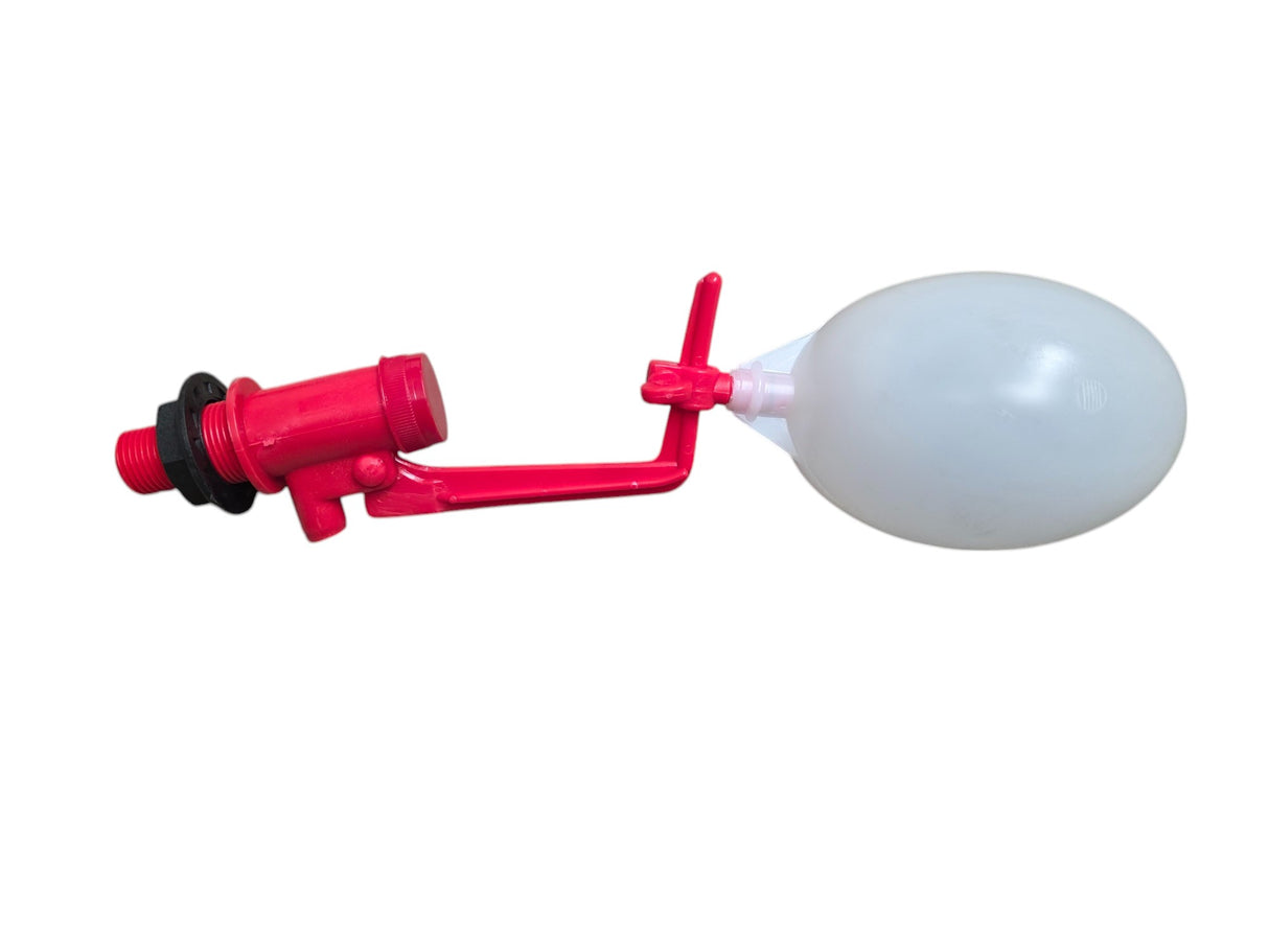 A red and white float valve designed for use with an 8lt header tank, typically found in game drinkers