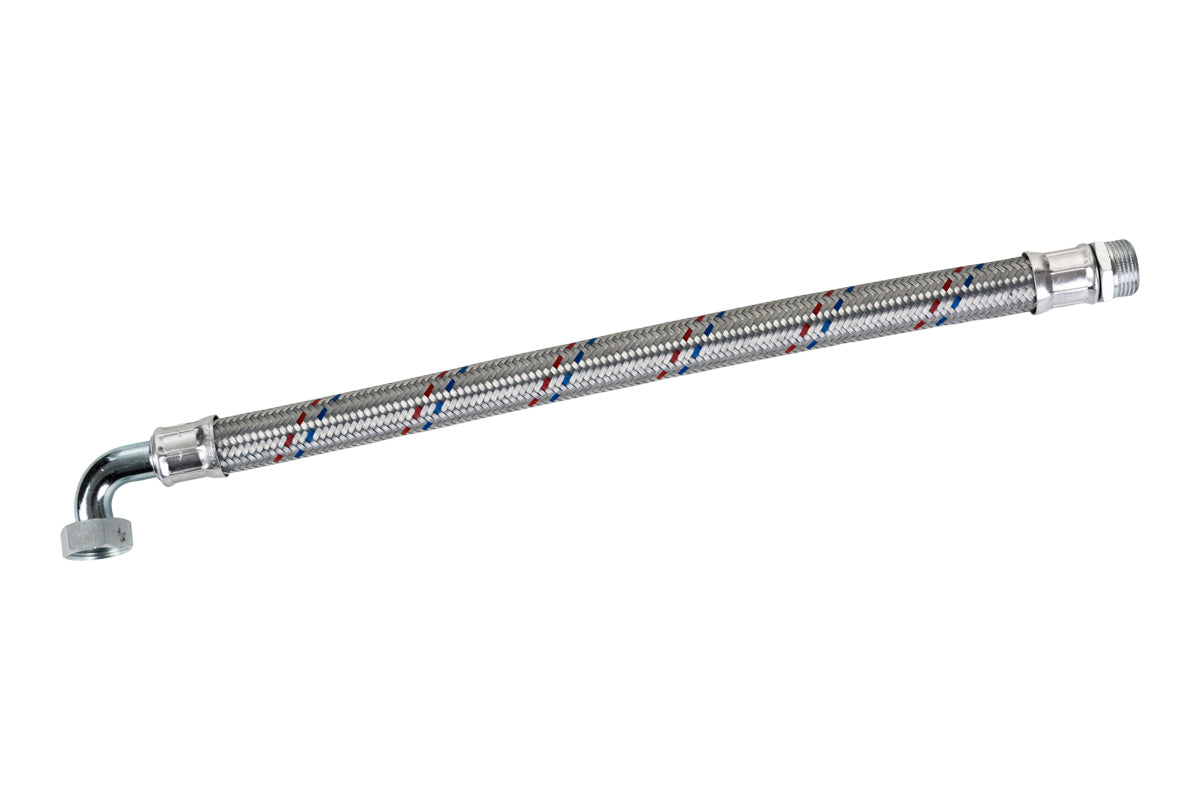 A 60cm long flexible hose with a 1 inch MBSP x 1 inch FBSP connection and a 90-degree elbow, featuring a braided metallic exterior