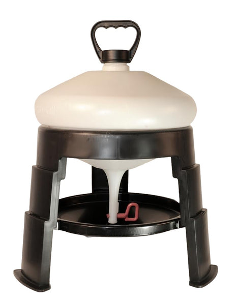 A BEC Tripod Drinker with a white water tank on a black tripod base, designed for providing water to birds.