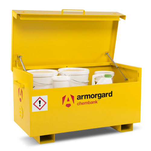 A yellow storage container with the Armorgard ChemBank brand logo, equipped with forklift pockets and a sump base, designed for the safe storage of chemicals.