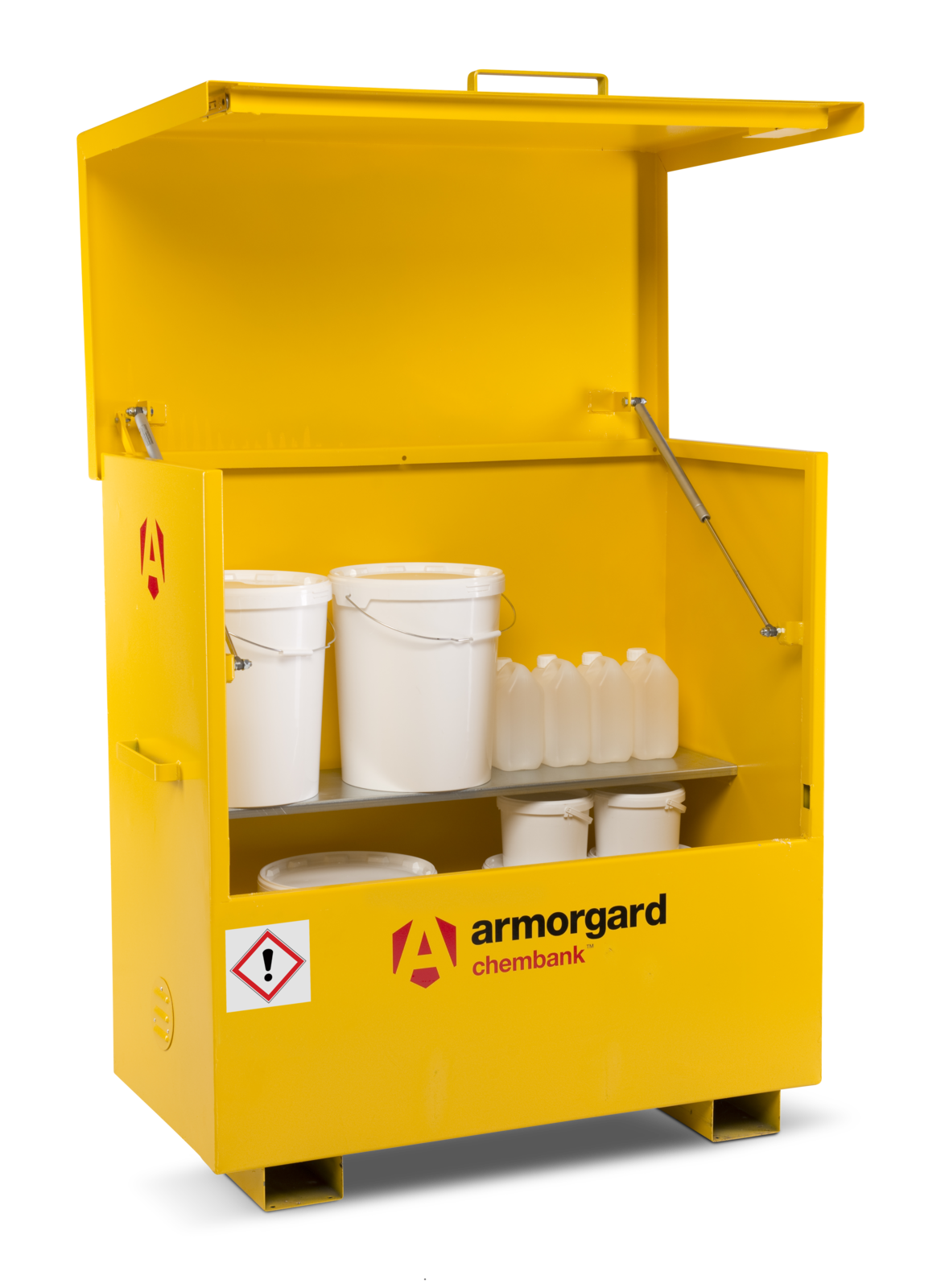 A yellow storage container with the Armorgard logo, designed for the safe storage of chemicals, featuring a sump base and forklift pockets.