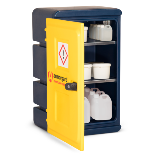 A yellow and blue Armorgard ChemCube Cabinet with a key lock, featuring two shelves with various chemical containers, and a warning sign on the front.