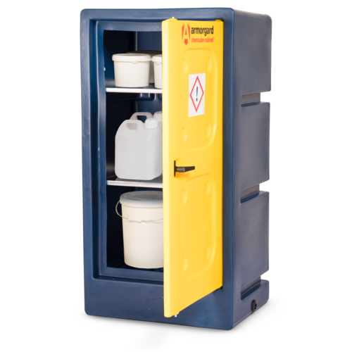 A blue and yellow Armorgard ChemCube Cabinet with a yellow door open to show shelves with white containers inside.