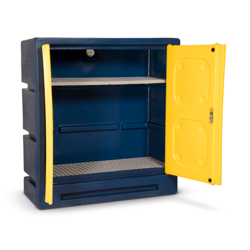 A blue and yellow Armorgard ChemCube Cabinet CCC3 with lockable doors, designed for storing chemicals safely.