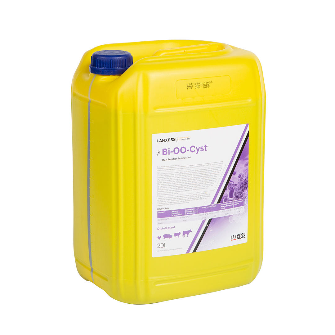 20-liter container of Bi-OO-Cyst disinfectant and coccidiosis control.