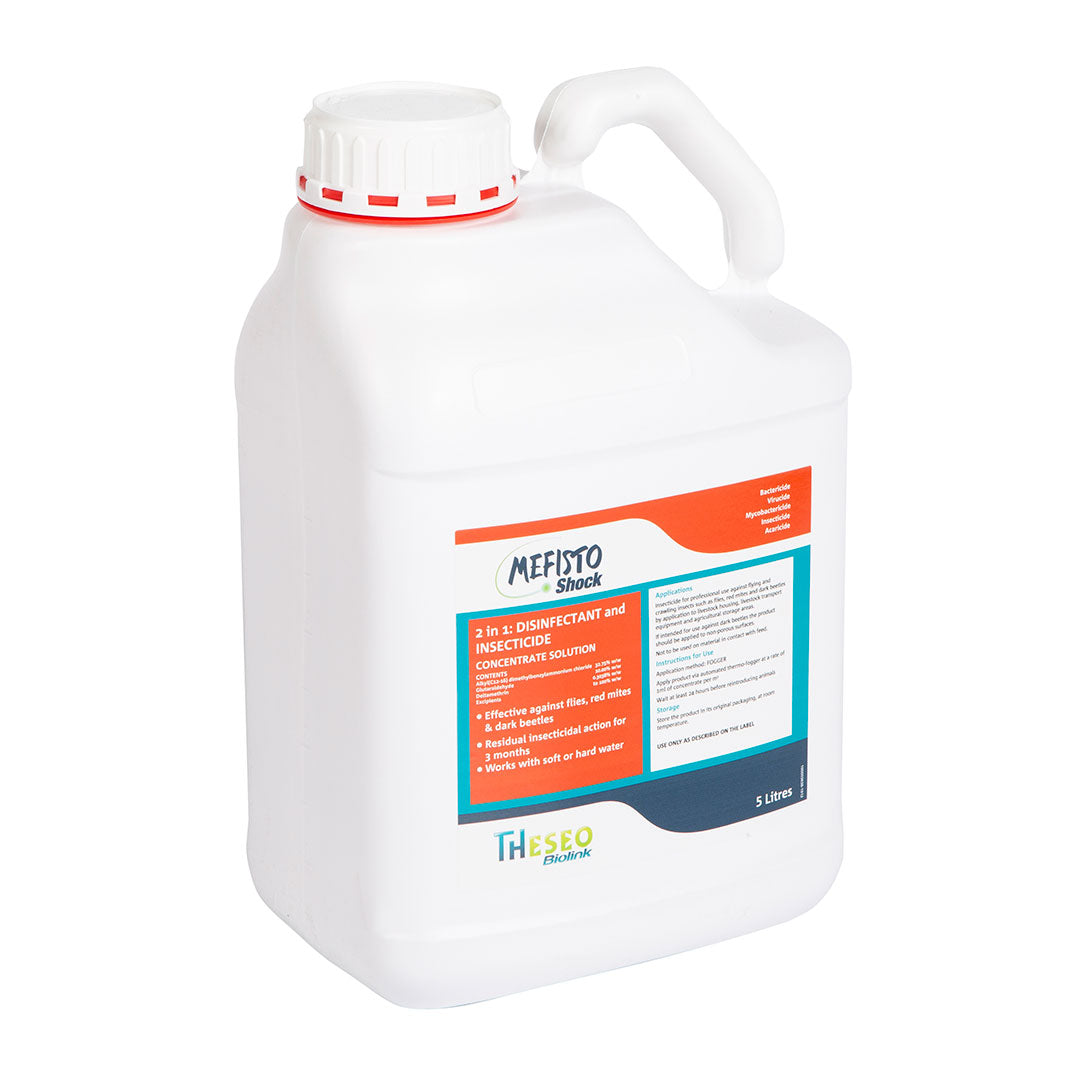 Mefisto Shock is a disinfectant & insecticide for use against red mite, flies and litter beetles