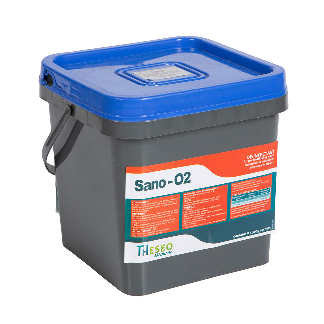 Sano-02 by Theseo, containing effervescent tablets for livestock drinking water disinfection.
