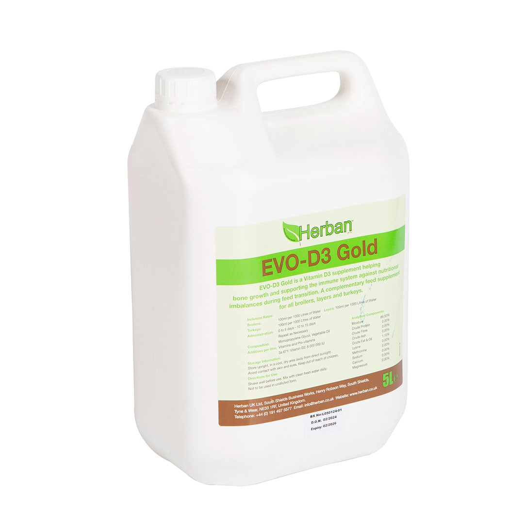 Herban EVO-D3 Gold Vitamin D3 supplement helping bone growth and supporting the immune system against nutritional imbalances during feed transition. Vitamin D3 improves the absorption of Calcium