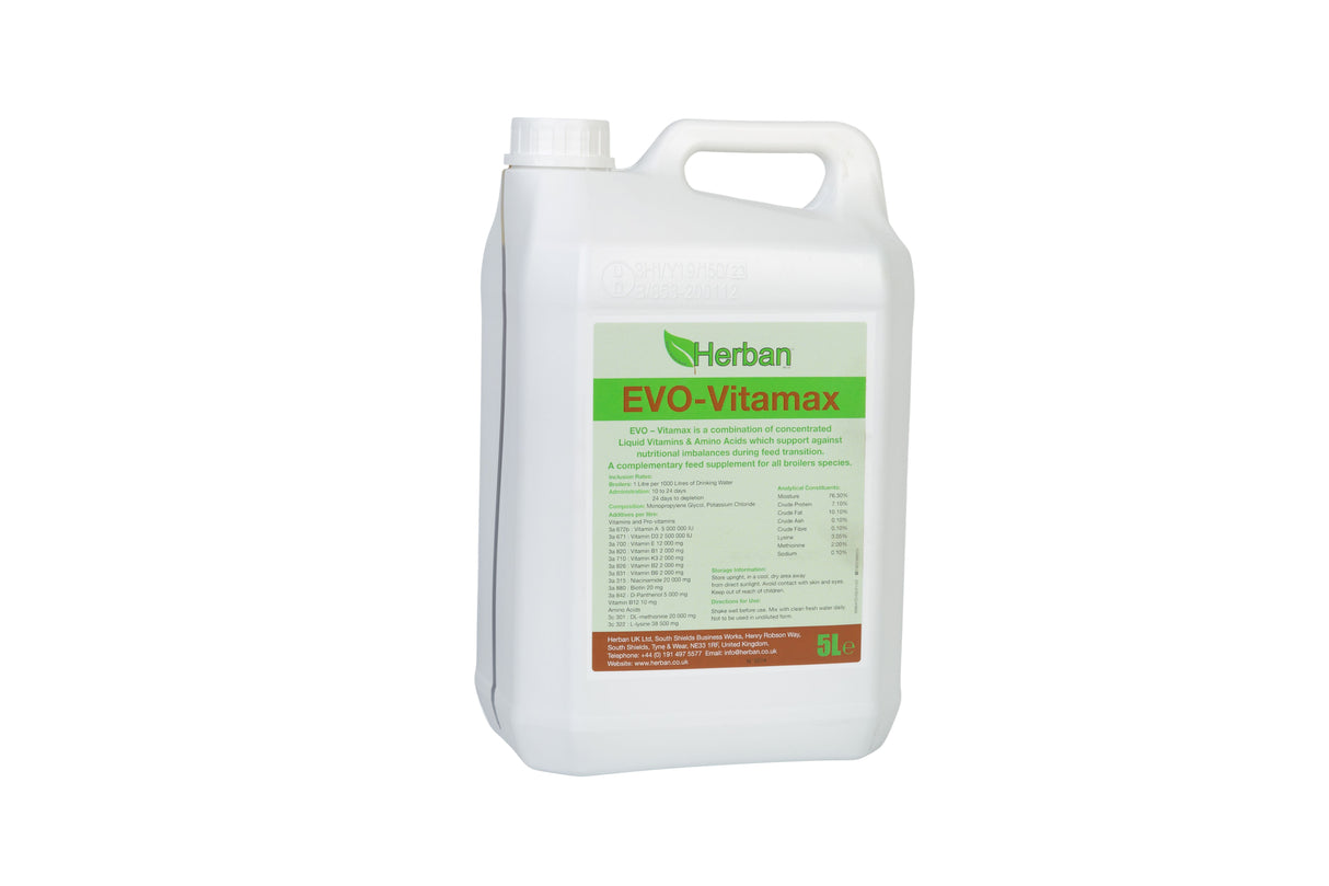 Herban EVO-Vitamax A combination of concentrated liquid vitamins rich in A, D3 & E mixed with essential amino acids Lysine & Methionine, which support against nutritional imbalances and vital during stress periods.