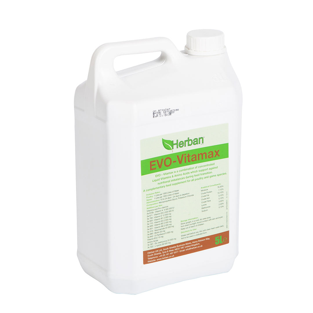 EVO-Vitamax A combination of concentrated liquid vitamins rich in A, D3 & E mixed with essential amino acids Lysine & Methionine, which support against nutritional imbalances and vital during stress periods.