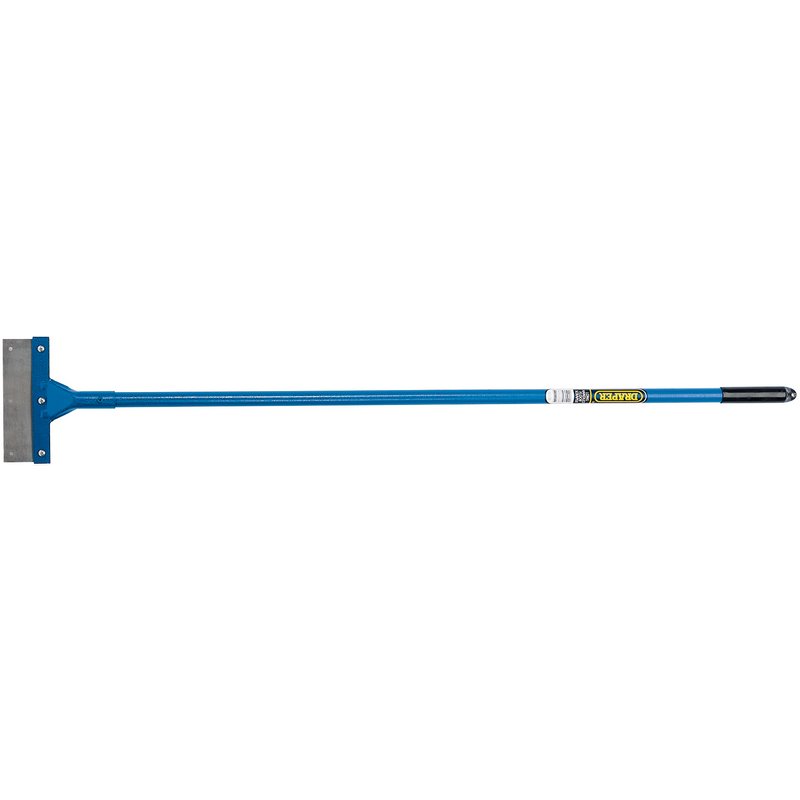 A long-handled floor scraper tool with a blue handle and metal blade.