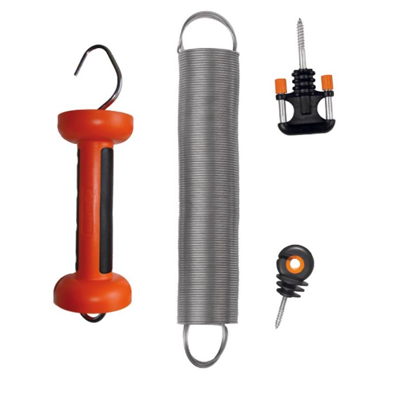 A set of Gallagher electric fence gate components including a galvanized spring, a gate handle, and an anchor.