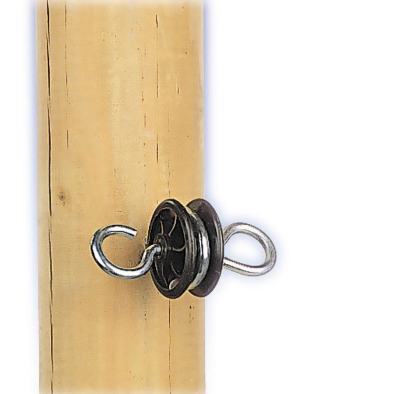 A Gallagher electric fence gate handle anchor mounted on a wooden post.