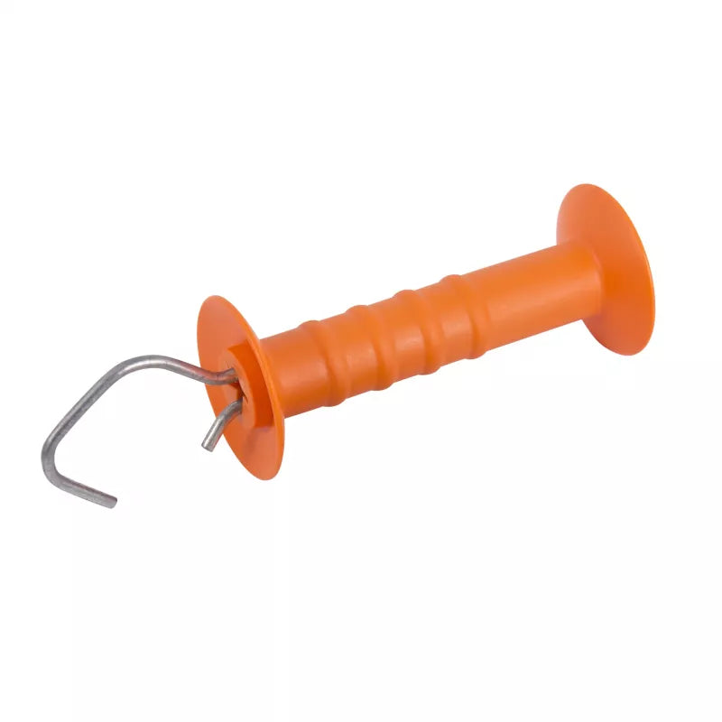An orange Gallagher electric fence gate handle with a metallic hook on one end.