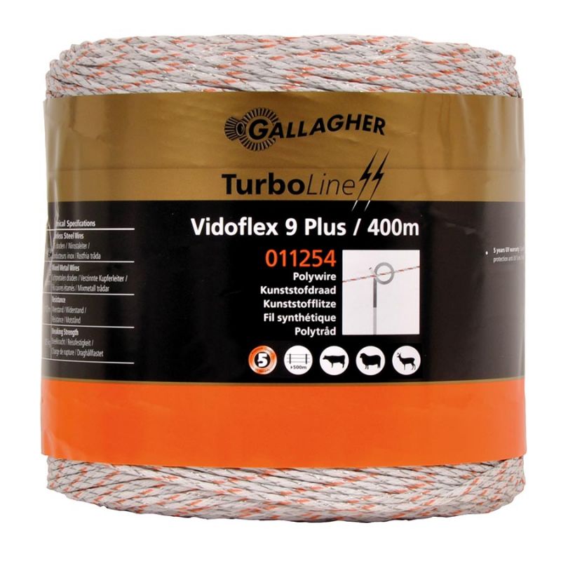 A spool of Gallagher Vidoflex 9 Plus / 400m white electric fence wire, packaged with product information and branding visible.