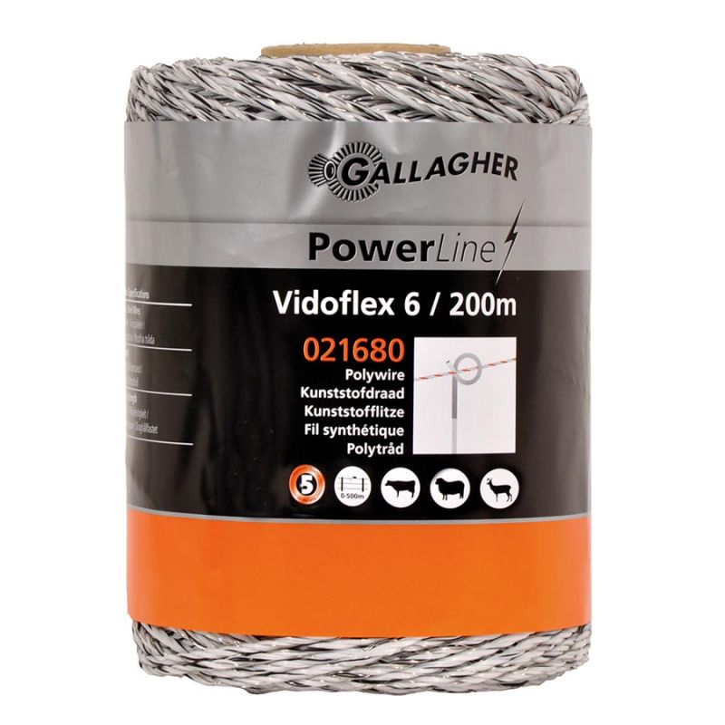A roll of Gallagher Vidoflex 6 electric fencing wire, which is thick polywire with six stainless steel wires.